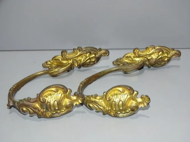 -2 ANCIENNES EMBRASSES de RIDEAUX BRONZE ROCAILLE DORURE ESTOMPEE  D