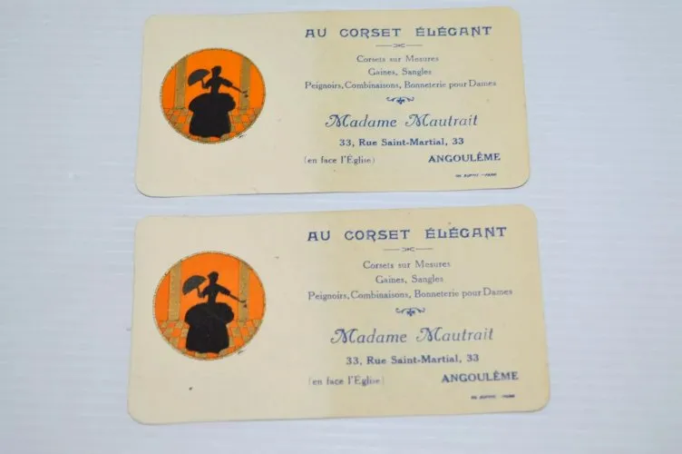 -2 CALENDRIERS PUBLICITAIRES AU CORSET ELEGANT 1928 début XXe cadeau publicité