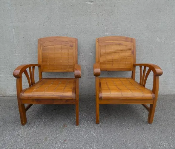 2 fauteuils coloniaux bambou et teck