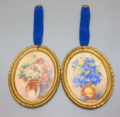 -2 petits CADRE BOIS Doré AVEC AQUARELLES sous VERRE 2 VASES avec FLEURS D