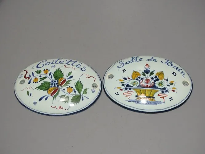 -2 PLAQUES DECORATIVES de PORTE FAÏENCE ST ROMAIN TOILETTES & SALLE de BAIN D