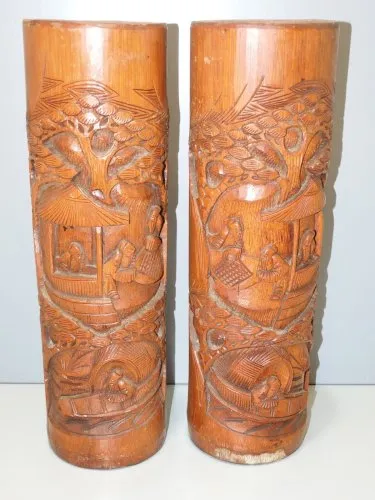 -2 POTS A CRAYONS PINCEAUX BAMBOU Gravés de scènes de vie CHINE COLLECTION D