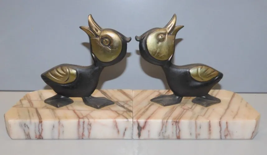 -2 SERRE LIVRES GOÛT BENJAMIN RABIER 2 CANETONS BRONZE PATINE NOIRE déco D