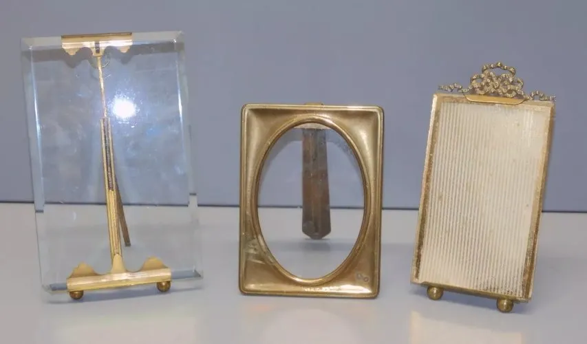 -3 ANCIENS CADRES à POSER 1 avec NOEUD 1 LAITON 1 VERRE Biseauté EPAIS PHOTOS D