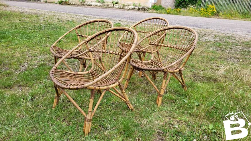 4 fauteuils coquille en rotin 1960s