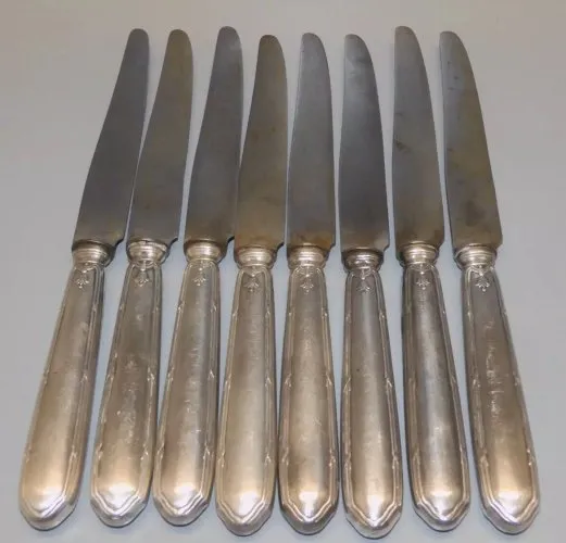 - 8 COUTEAUX BOUTS RONDS MANCHES Fourrés METAL Argenté Déco TABLE VITRINE D