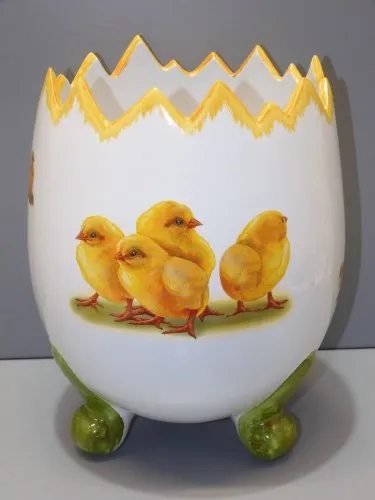 -ADORABLE CACHE POT CERAMIQUE signé P SAMIE France forme OEUF décor poussins  D