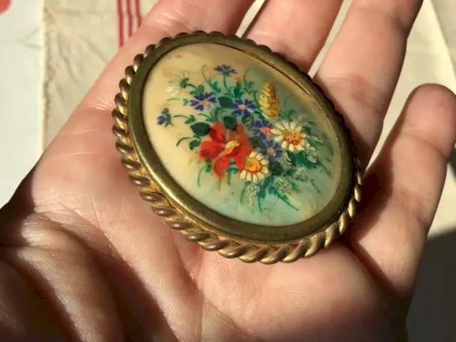ANCIEN BIJOU BROCHE ANCIENNE FLEURS alliage doré VINTAGE