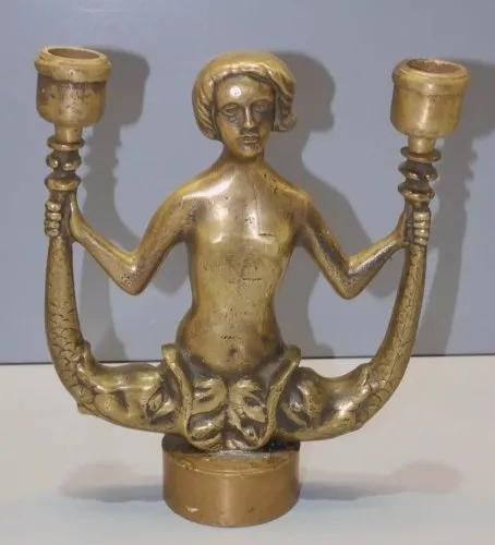 -ANCIEN BOUGEOIR CHANDELIER BRONZE SIRENE BRANCHES 2 DAUPHINS PIED NON ORIGINE D