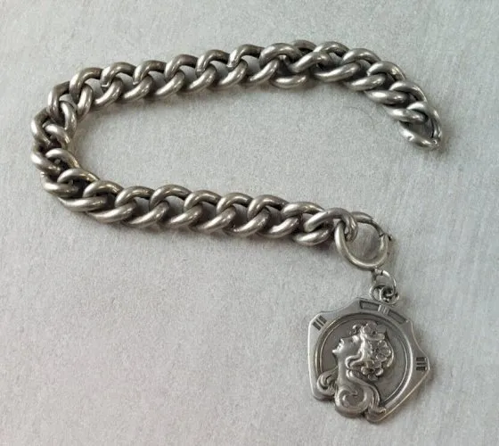 Ancien bracelet gourmette, médaillon, art nouveau, en argent