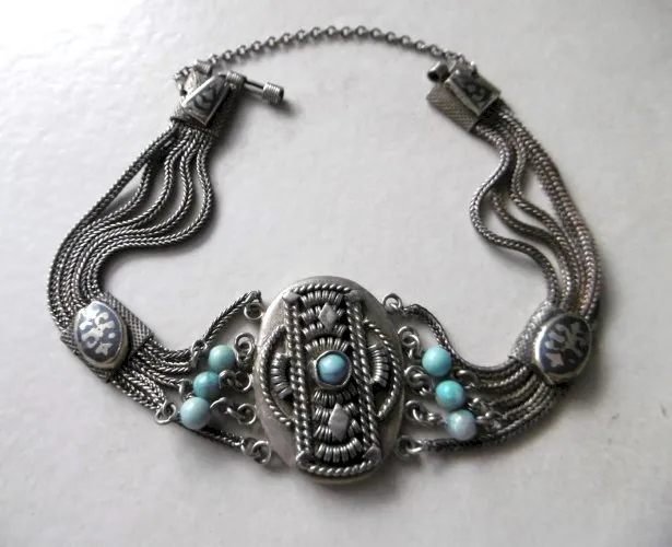 ANCIEN BRACELET NIELÉ EN ARGENT 800 ET TURQUOISE