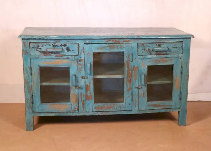 Ancien buffet en teck birman patine bleu d’origine
