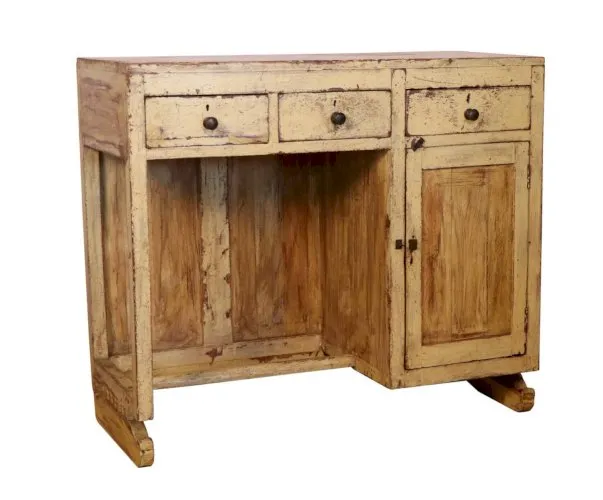 Ancien bureau art déco en teck birman patine jaune - écrue d’origine