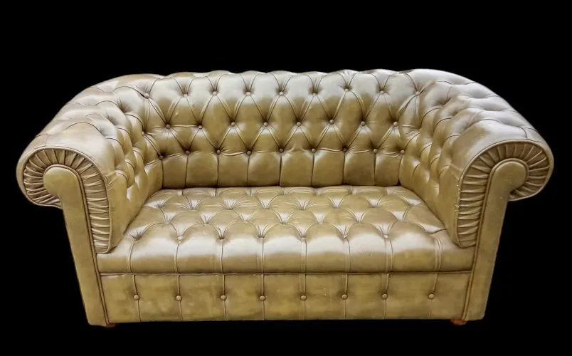 Ancien Canapé Anglais Capitonné Chesterfield 2 Places Cuir Vert