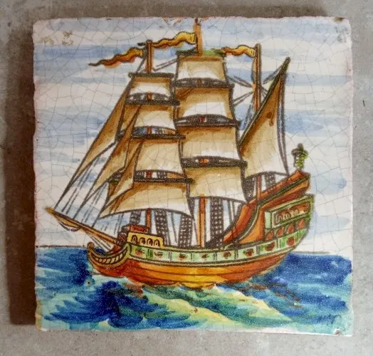Ancien Carreau Carrelage collection Faïence Céramique Décor Bateau