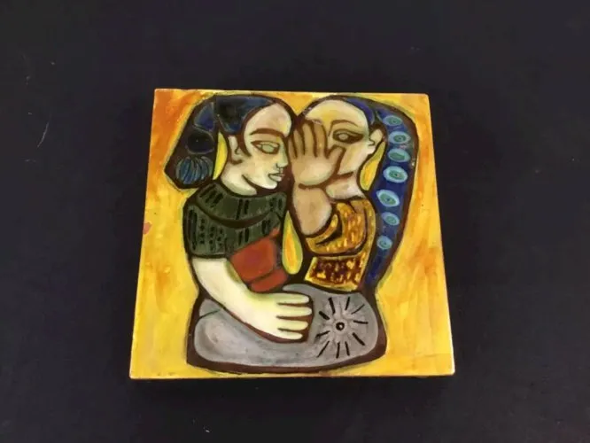 ANCIEN Carreau CERAMIQUE ÉMAILLÉ signé J bartre SANT VICENS 1950 -