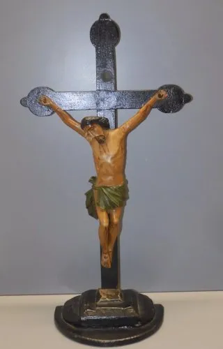 -ANCIEN CHRIST EN CROIX CALVAIRE BOIS PEINT Religion Collection ART POPULAIRE D