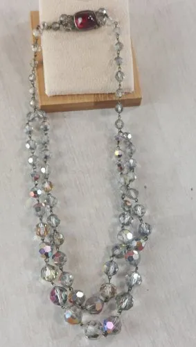 Ancien collier 2 rangs, perles de verre irisé, en argent, art deco