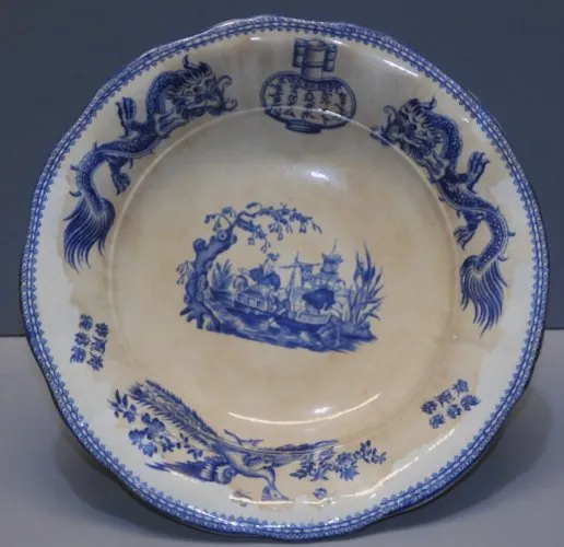 - ANCIEN COMPOTIER PLAT SUR PIED CERAMIQUE JULES VIEILLARD modèle TONKIN BLEU D