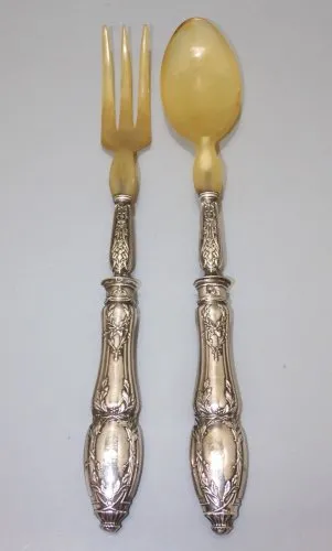 -ANCIEN COUVERT A SALADE MANCHES ARGENT Fourré Fourchette & Cuilleron en CORNE D