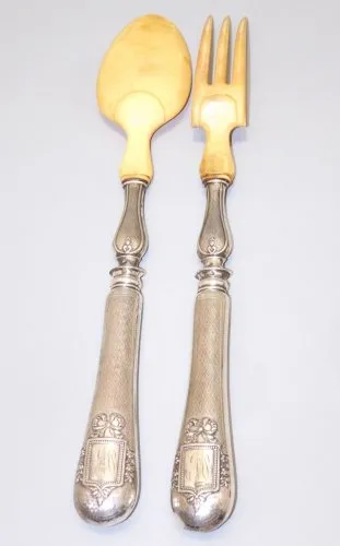 -ANCIEN COUVERT A SALADE MANCHES ARGENT Fourré Monogrammé MP NOEUD LOUIS XVI  D