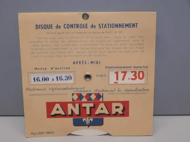 -ANCIEN DISQUE CONTRÔLE de STATIONNEMENT PUBLICITE PUB ANTAR COLLECTION  D