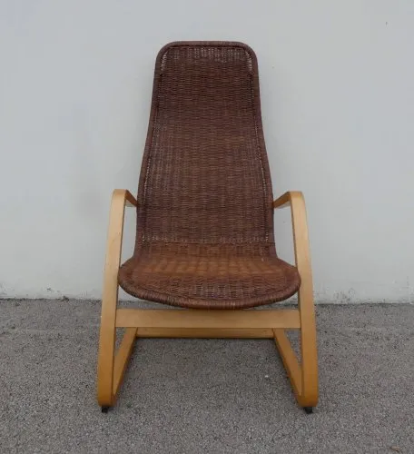 ancien fauteuil traineau en rotin vintage