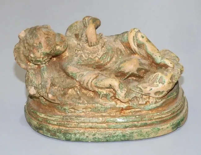 -ANCIEN JESUS de CRECHE PLATRE AVEC RESTES COULEUR VERTE & DORURE COLLECTION