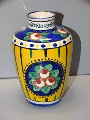 -ANCIEN JOLI VASE CERAMIQUE ALFRED RENOLEAU ANGOULEME JAUNE FLEURS ROSES  D