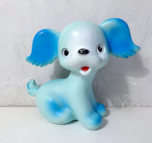 ancien jouet Pouet Delacoste chien bleu Caroline