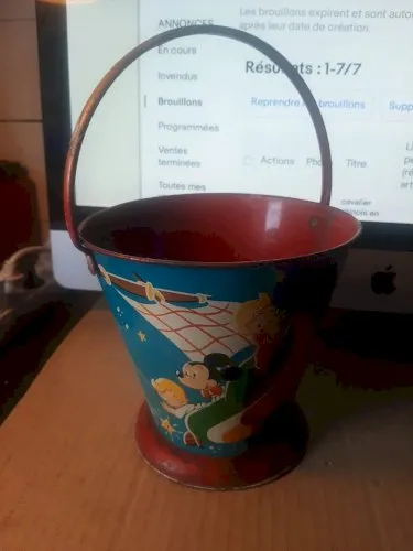 ANCIEN JOUET SEAU DE PLAGE EN TOLE LITHOGRAPHIEE- Mickey et Dingo