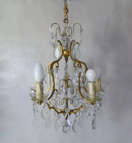 ancien lustre à pampilles bronze doré 5 branches 53x39cm