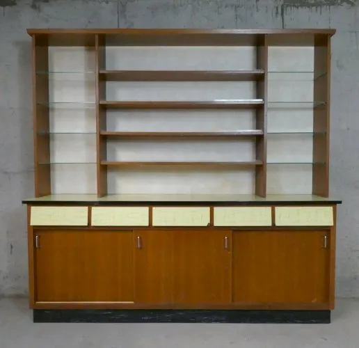 ancien meuble de métier bois et formica jaune vintage