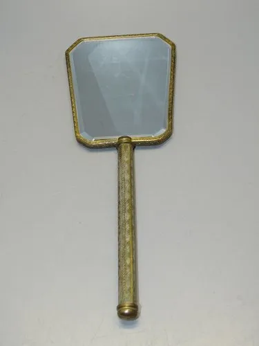 -ANCIEN MIROIR A MAIN FACE A MAIN VINTAGE LAITON MIROIR BISEAUTE déco XXe  D