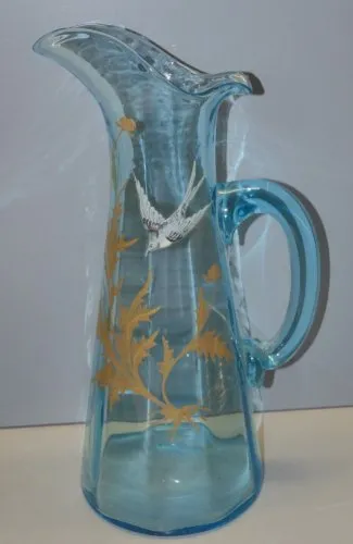 -ANCIEN PICHET VERRE BLEU OISEAU & FEUILLAGE EMAILLES EMAIL LEGRAS? MONTJOYE? D