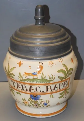 -ANCIEN POT A TABAC Râpé CERAMIQUE décor Goût MOUSTIERS COUVERCLE ETAIN  D