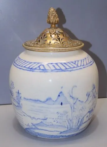 -ANCIEN POT Chinois à GINGEMBRE BLANC BLEU COUVERCLE LAITON Ajouré D