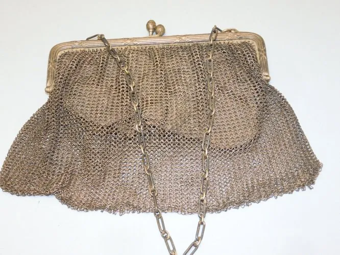 -ANCIEN SAC MINAUDIERE AUMONIERE ARGENT poinçons Sanglier rubans croisés 177g D