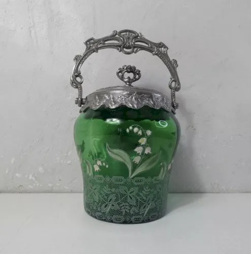 ancien seau à biscuits Legras en verre émaillé muguet Art Déco