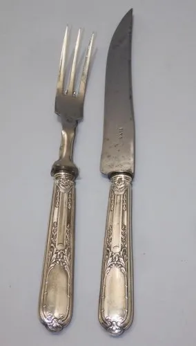 -ANCIEN SERVICE A DECOUPER MANCHES ARGENT Fourré MINERVE Lame Gravée PARIS D