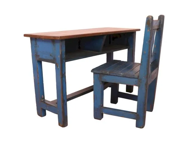 Ancien set pupitre/ chaise d’écolier en teck birman patine bleue dorigine