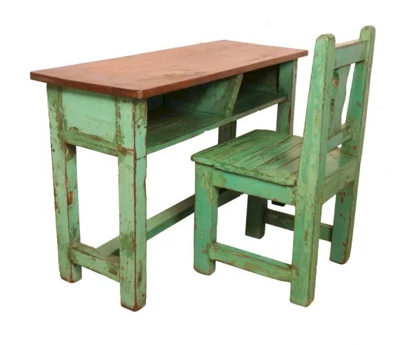 Ancien set pupitre / chaise d’écolier en teck birman patine verte d’origine