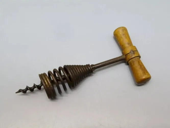 -ANCIEN TIRE BOUCHON A RESSORT METAL & BOIS COLLECTION BISTROT CORSKREW D