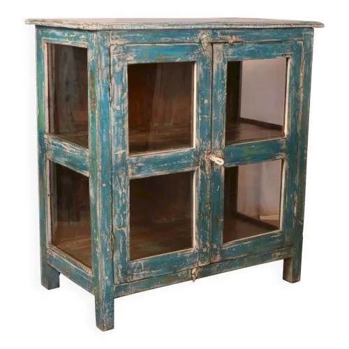 Ancien vaisselier en teck birman patine bleu - blanche d’origine