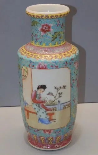 -ANCIEN VASE PORCELAINE DE CHINE début XXe FAMILLE ROSE 2 SCENES en CARTOUCHES D