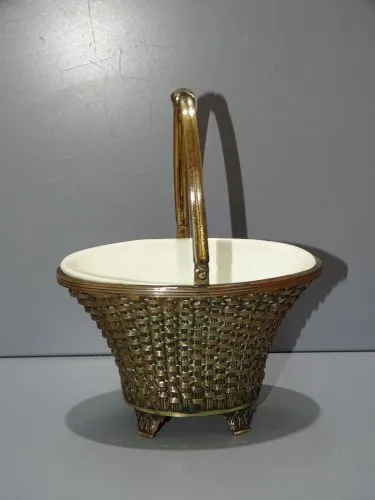 -ANCIEN VIDE POCHE PETIT PANIER LAITON Tressé intérieur Céramique blanche D