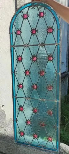 Ancien Vitrail Arqué Décor Moyen Âge Panneau Fenêtre Architecture Ancienne