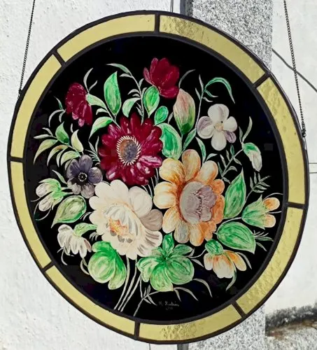 Ancien Vitrail Peint Rond Peinture Floral Bouquet De Fleurs M. Fontaine Numéroté