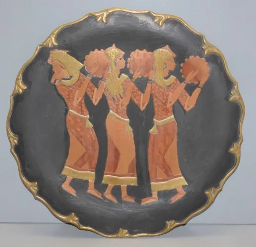 -ANCIENNE ASSIETTE DECORATIVE CUIVRE LAITON & Peint Noir Décor EGYPTIENNES D