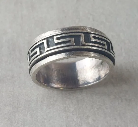 Ancienne bague, motif clé grecque, bande rotative, en argent, vintage